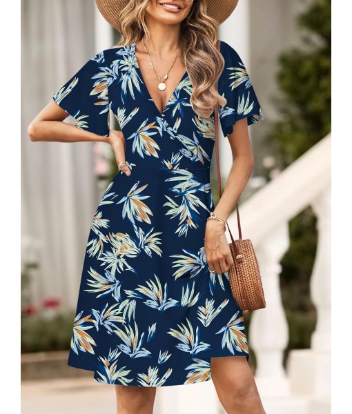 FENSACE Womens Sundress Summer Floral Short Sleeve Wrap V Neck A-Line Midi Dress