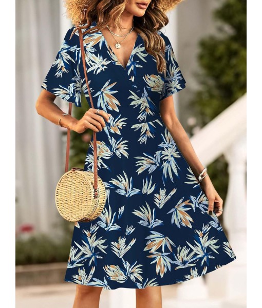 FENSACE Womens Sundress Summer Floral Short Sleeve Wrap V Neck A-Line Midi Dress