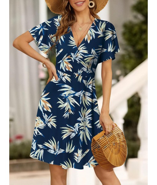 FENSACE Womens Sundress Summer Floral Short Sleeve Wrap V Neck A-Line Midi Dress