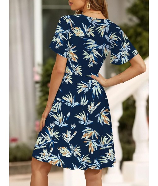 FENSACE Womens Sundress Summer Floral Short Sleeve Wrap V Neck A-Line Midi Dress
