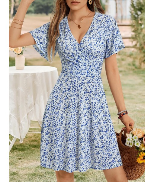 FENSACE Womens Sundress Summer Floral Short Sleeve Wrap V Neck A-Line Midi Dress