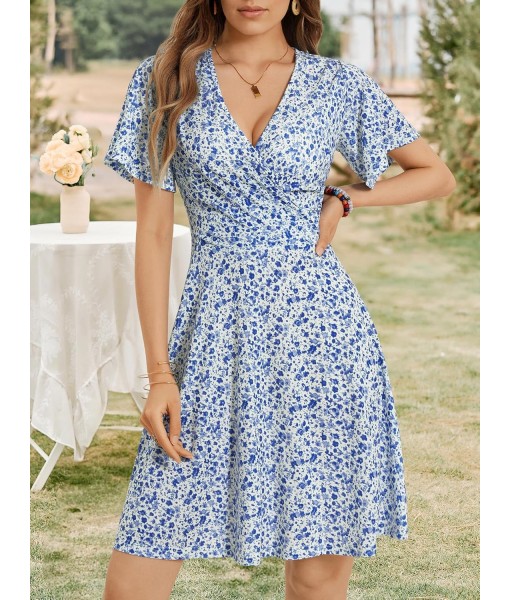 FENSACE Womens Sundress Summer Floral Short Sleeve Wrap V Neck A-Line Midi Dress