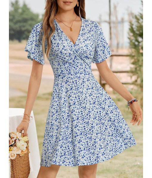 FENSACE Womens Sundress Summer Floral Short Sleeve Wrap V Neck A-Line Midi Dress
