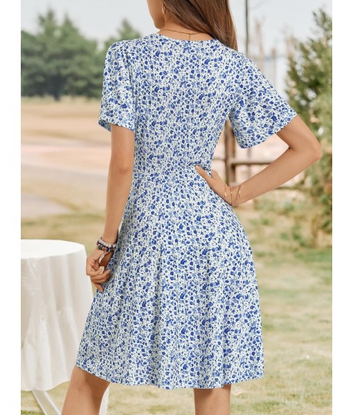 FENSACE Womens Sundress Summer Floral Short Sleeve Wrap V Neck A-Line Midi Dress