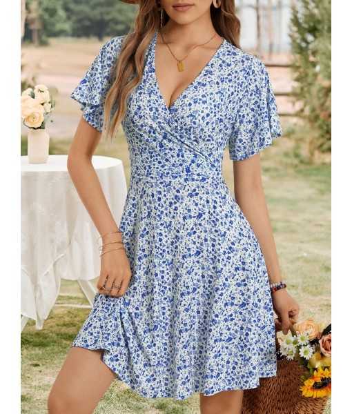 FENSACE Womens Sundress Summer Floral Short Sleeve Wrap V Neck A-Line Midi Dress