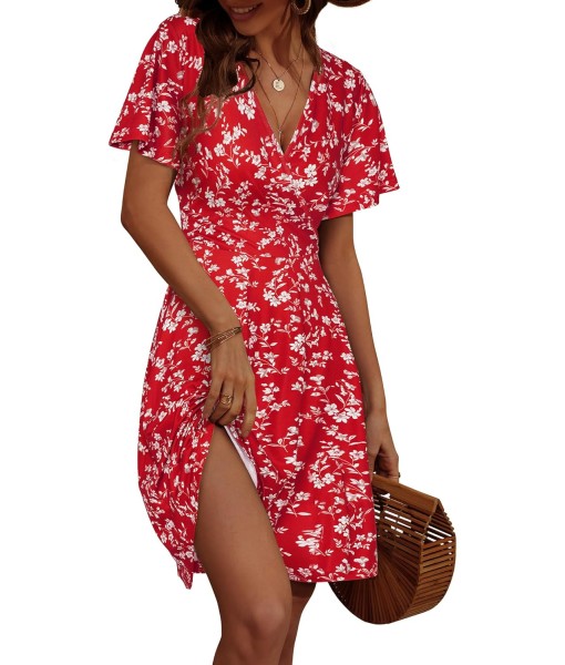 FENSACE Womens Sundress Summer Floral Short Sleeve Wrap V Neck A-Line Midi Dress