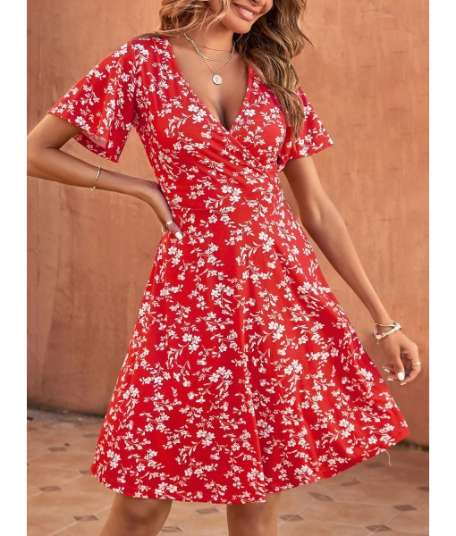 FENSACE Womens Sundress Summer Floral Short Sleeve Wrap V Neck A-Line Midi Dress
