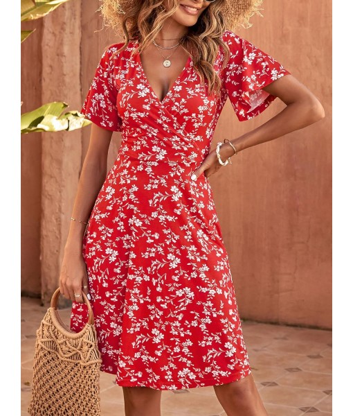 FENSACE Womens Sundress Summer Floral Short Sleeve Wrap V Neck A-Line Midi Dress