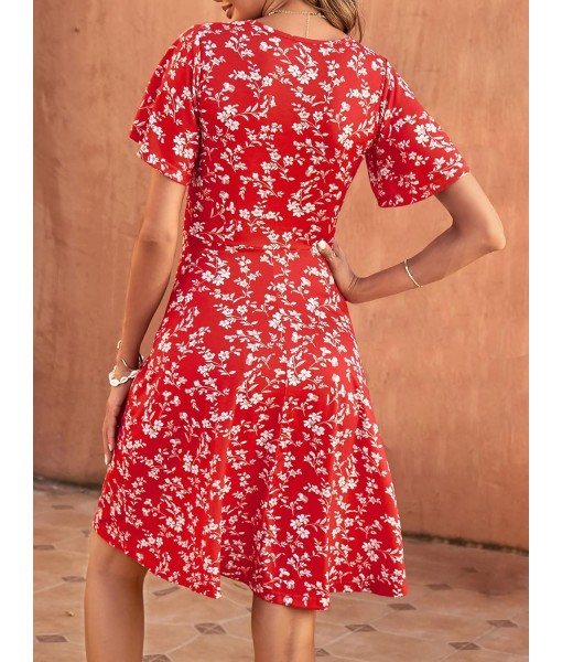 FENSACE Womens Sundress Summer Floral Short Sleeve Wrap V Neck A-Line Midi Dress