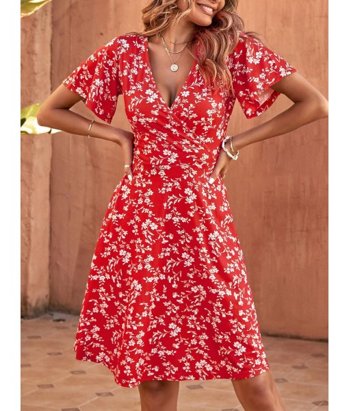 FENSACE Womens Sundress Summer Floral Short Sleeve Wrap V Neck A-Line Midi Dress