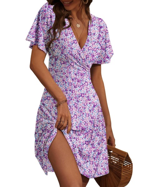 FENSACE Womens Sundress Summer Floral Short Sleeve Wrap V Neck A-Line Midi Dress