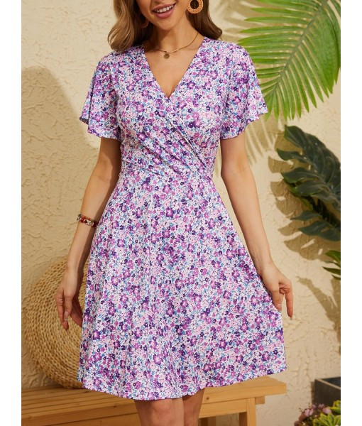 FENSACE Womens Sundress Summer Floral Short Sleeve Wrap V Neck A-Line Midi Dress