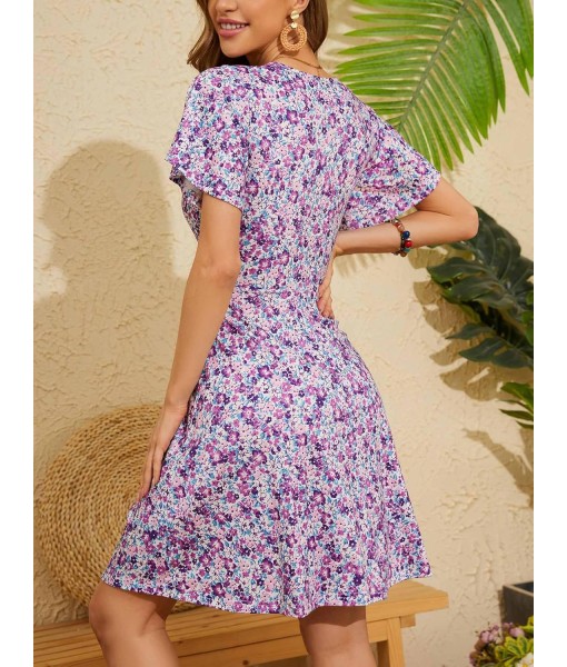 FENSACE Womens Sundress Summer Floral Short Sleeve Wrap V Neck A-Line Midi Dress