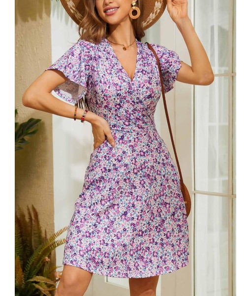 FENSACE Womens Sundress Summer Floral Short Sleeve Wrap V Neck A-Line Midi Dress