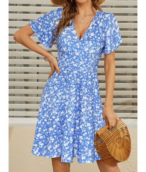 FENSACE Womens Sundress Summer Floral Short Sleeve Wrap V Neck A-Line Midi Dress
