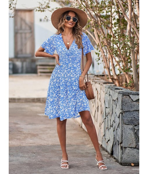 FENSACE Womens Sundress Summer Floral Short Sleeve Wrap V Neck A-Line Midi Dress