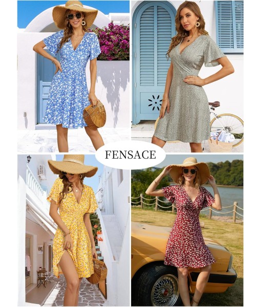 FENSACE Womens Sundress Summer Floral Short Sleeve Wrap V Neck A-Line Midi Dress