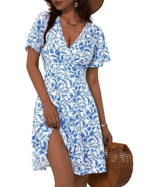FENSACE Womens Sundress Summer Floral Short Sleeve Wrap V Neck A-Line Midi Dress