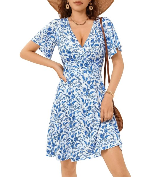 FENSACE Womens Sundress Summer Floral Short Sleeve Wrap V Neck A-Line Midi Dress