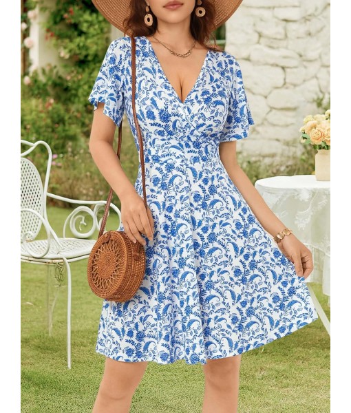 FENSACE Womens Sundress Summer Floral Short Sleeve Wrap V Neck A-Line Midi Dress