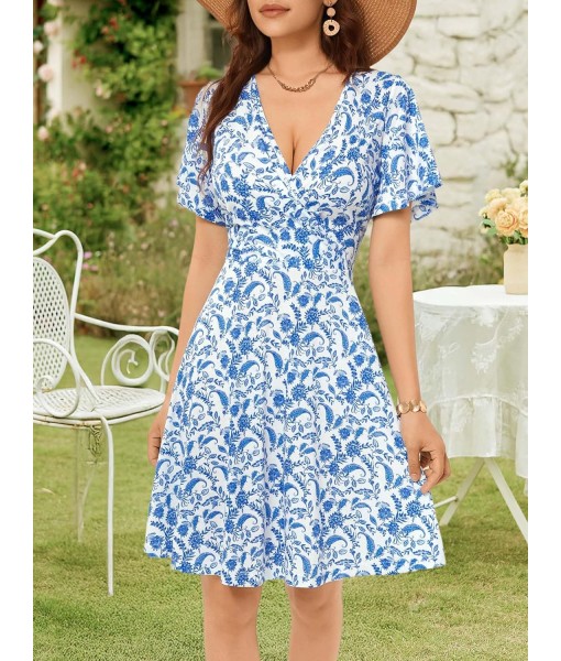 FENSACE Womens Sundress Summer Floral Short Sleeve Wrap V Neck A-Line Midi Dress