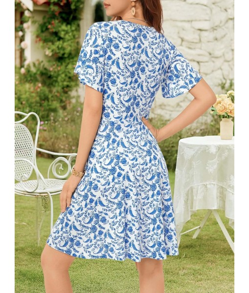 FENSACE Womens Sundress Summer Floral Short Sleeve Wrap V Neck A-Line Midi Dress