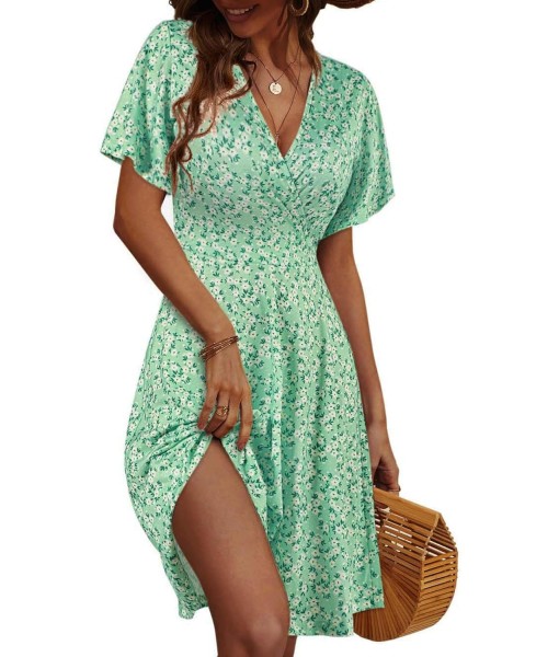 FENSACE Womens Sundress Summer Floral Short Sleeve Wrap V Neck A-Line Midi Dress