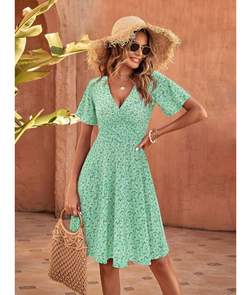 FENSACE Womens Sundress Summer Floral Short Sleeve Wrap V Neck A-Line Midi Dress