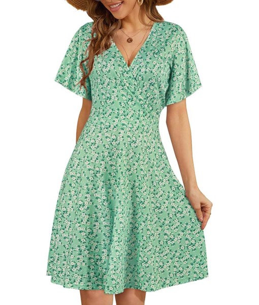 FENSACE Womens Sundress Summer Floral Short Sleeve Wrap V Neck A-Line Midi Dress