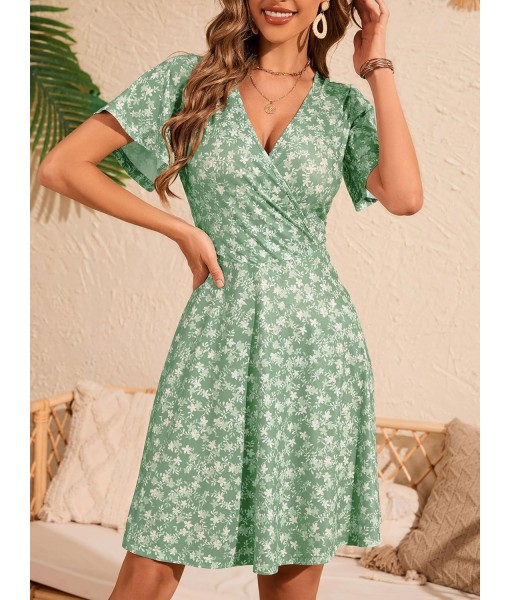 FENSACE Womens Sundress Summer Floral Short Sleeve Wrap V Neck A-Line Midi Dress