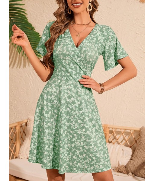 FENSACE Womens Sundress Summer Floral Short Sleeve Wrap V Neck A-Line Midi Dress