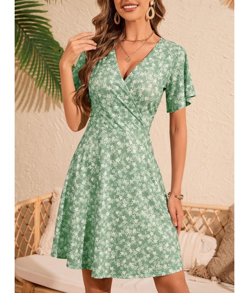 FENSACE Womens Sundress Summer Floral Short Sleeve Wrap V Neck A-Line Midi Dress