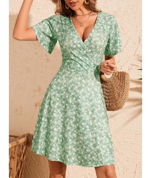 FENSACE Womens Sundress Summer Floral Short Sleeve Wrap V Neck A-Line Midi Dress