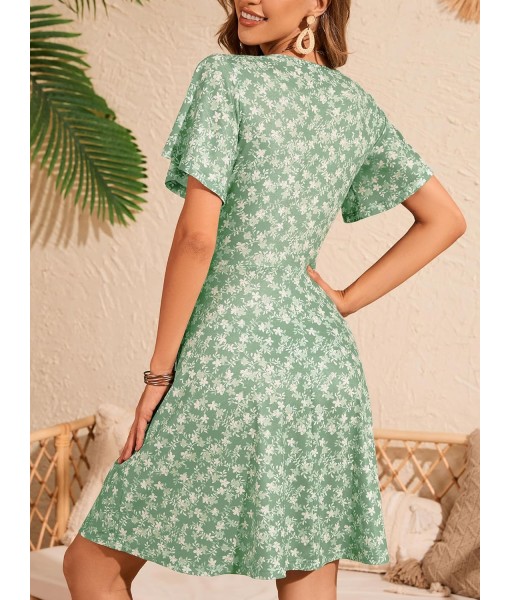 FENSACE Womens Sundress Summer Floral Short Sleeve Wrap V Neck A-Line Midi Dress