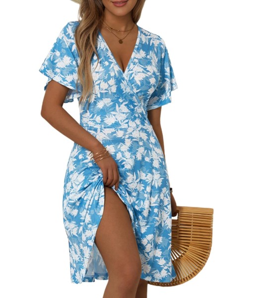 FENSACE Womens Sundress Summer Floral Short Sleeve Wrap V Neck A-Line Midi Dress