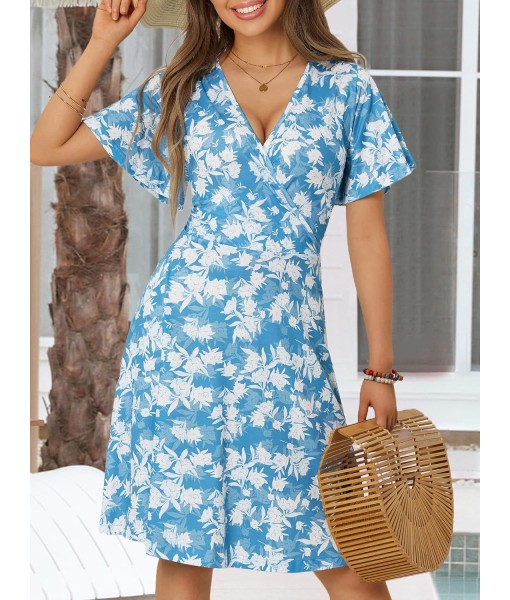 FENSACE Womens Sundress Summer Floral Short Sleeve Wrap V Neck A-Line Midi Dress