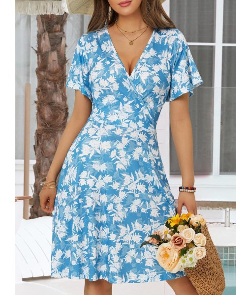 FENSACE Womens Sundress Summer Floral Short Sleeve Wrap V Neck A-Line Midi Dress