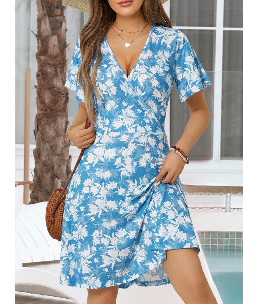 FENSACE Womens Sundress Summer Floral Short Sleeve Wrap V Neck A-Line Midi Dress