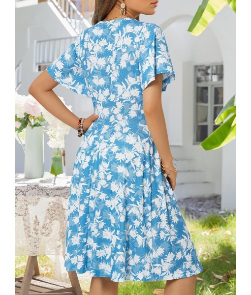 FENSACE Womens Sundress Summer Floral Short Sleeve Wrap V Neck A-Line Midi Dress