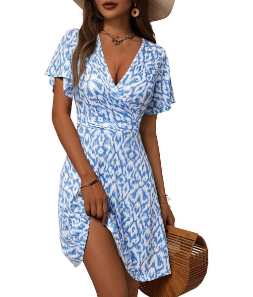 FENSACE Womens Sundress Summer Floral Short Sleeve Wrap V Neck A-Line Midi Dress
