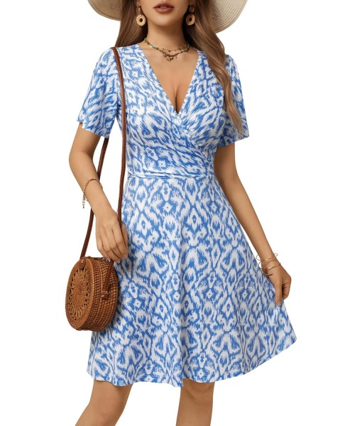FENSACE Womens Sundress Summer Floral Short Sleeve Wrap V Neck A-Line Midi Dress