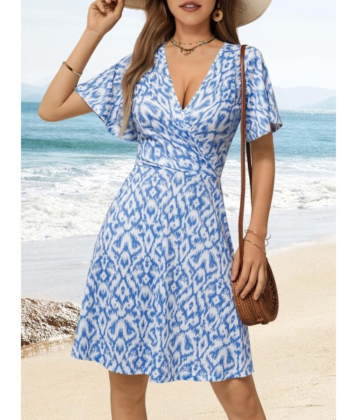 FENSACE Womens Sundress Summer Floral Short Sleeve Wrap V Neck A-Line Midi Dress