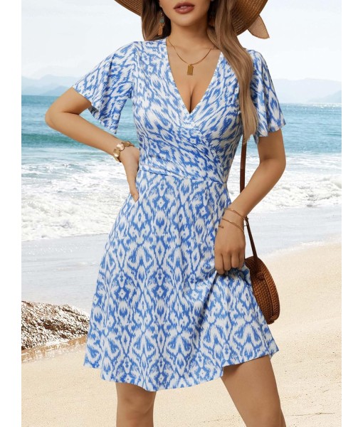 FENSACE Womens Sundress Summer Floral Short Sleeve Wrap V Neck A-Line Midi Dress