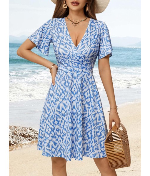 FENSACE Womens Sundress Summer Floral Short Sleeve Wrap V Neck A-Line Midi Dress