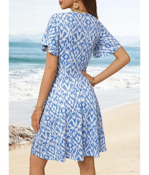 FENSACE Womens Sundress Summer Floral Short Sleeve Wrap V Neck A-Line Midi Dress