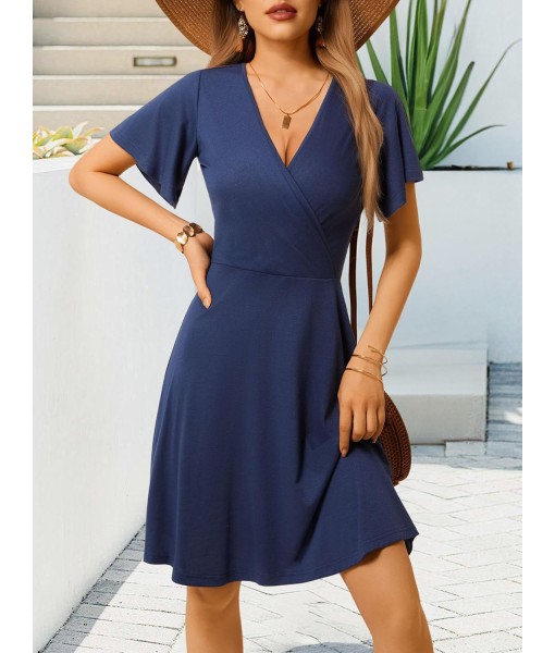 FENSACE Womens Sundress Summer Floral Short Sleeve Wrap V Neck A-Line Midi Dress