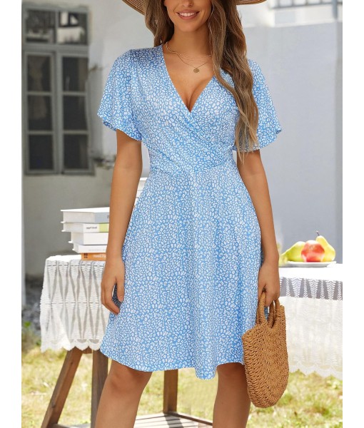 FENSACE Womens Sundress Summer Floral Short Sleeve Wrap V Neck A-Line Midi Dress