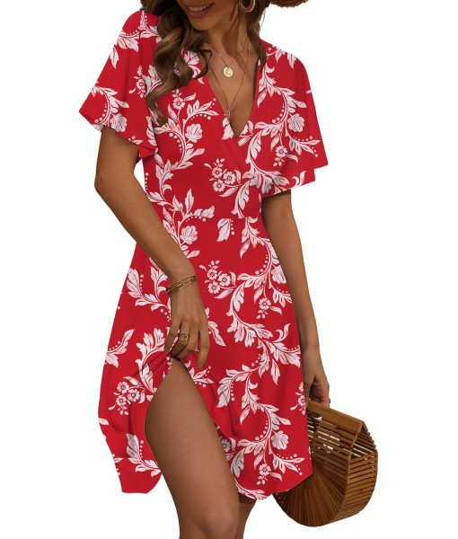 FENSACE Womens Sundress Summer Floral Short Sleeve Wrap V Neck A-Line Midi Dress