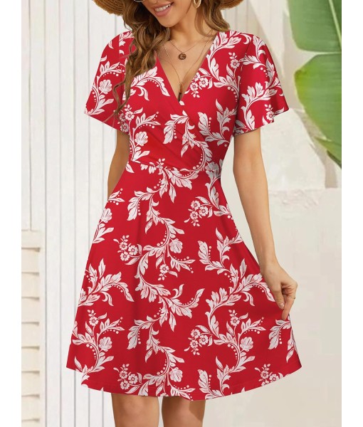 FENSACE Womens Sundress Summer Floral Short Sleeve Wrap V Neck A-Line Midi Dress