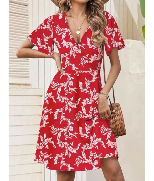 FENSACE Womens Sundress Summer Floral Short Sleeve Wrap V Neck A-Line Midi Dress